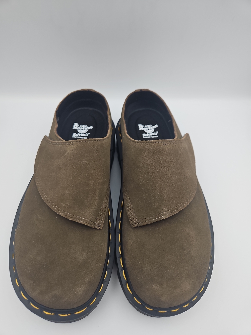 Dr. Martens Olive Brown Suede Platform Clog Mules - Picture 3 of 8